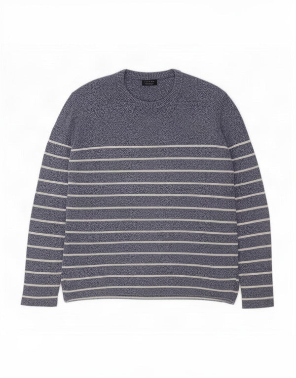 Zara Mens Crew Neck Jumper Sweater XL Navy Blue Striped