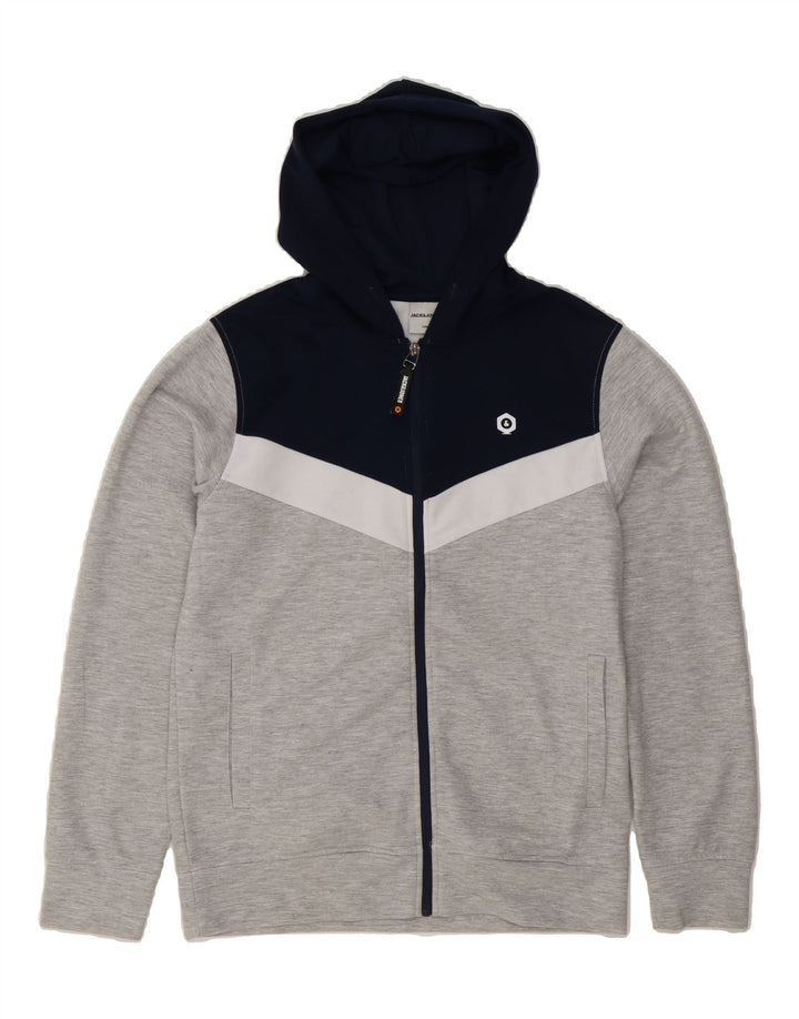 JACK & JONES Mens Core Zip Hoodie Sweater Small Grey Colourblock Polyester Vintage Jack & Jones and Second-Hand Jack & Jones from Messina Hembry 