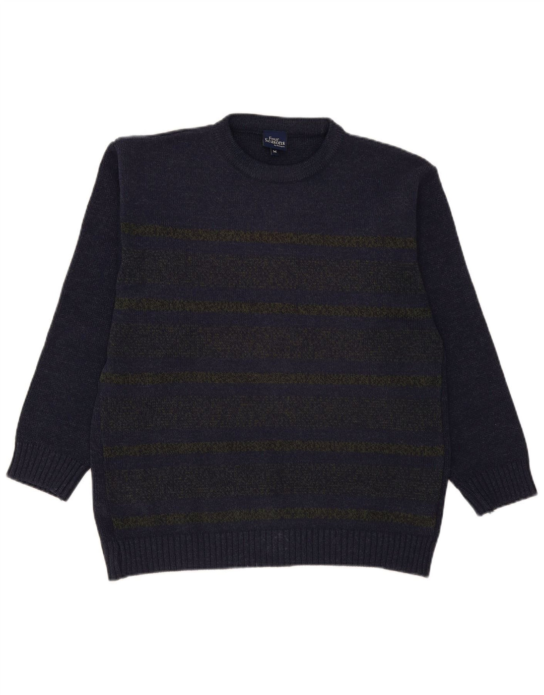 Four Seasons Mens Crew Neck Jumper Sweater Medium Navy Blue Striped Acrylic