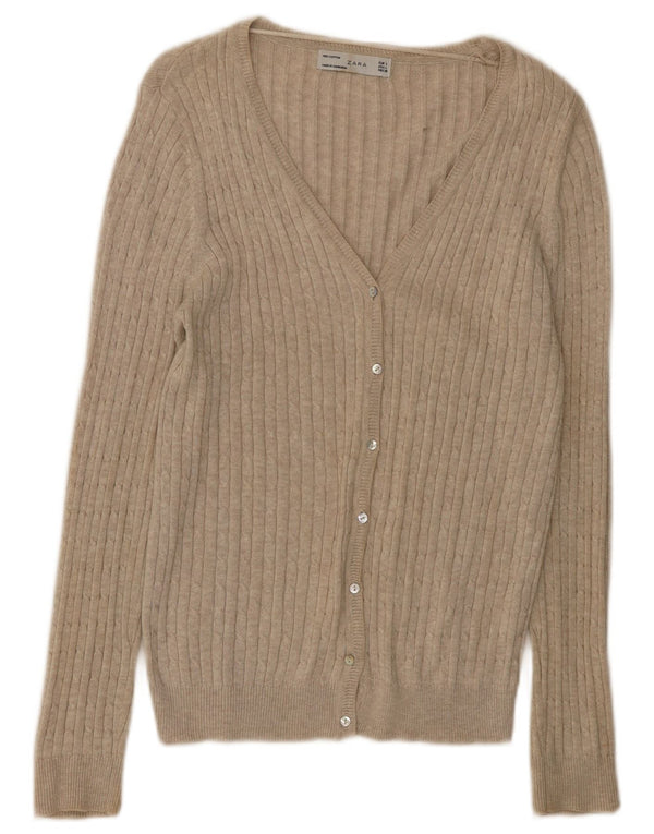 Zara Womens Cardigan Sweater UK 14 Large Beige Cotton