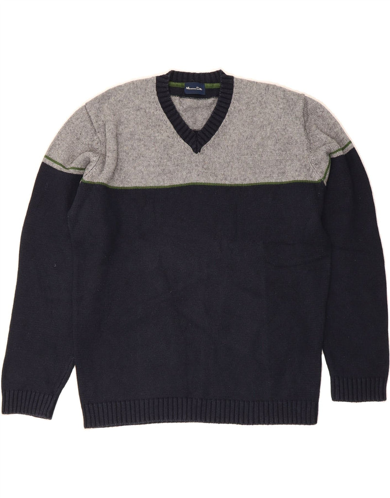 MASSIMO DUTTI Mens V-Neck Jumper Sweater XL Navy Blue Colourblock Cotton Vintage Massimo Dutti and Second-Hand Massimo Dutti from Messina Hembry 