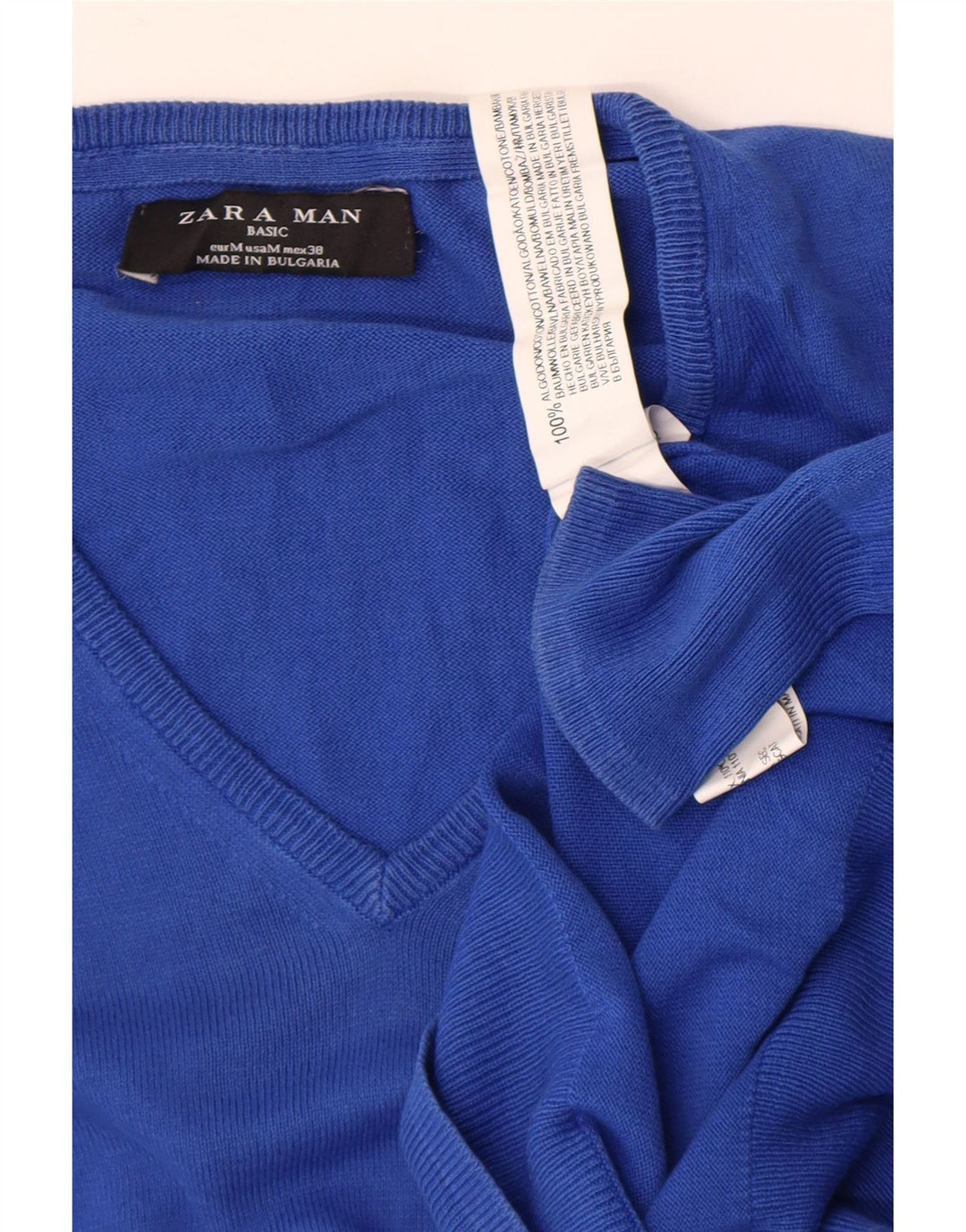 Zara Mens V-Neck Jumper Sweater Medium Blue Cotton