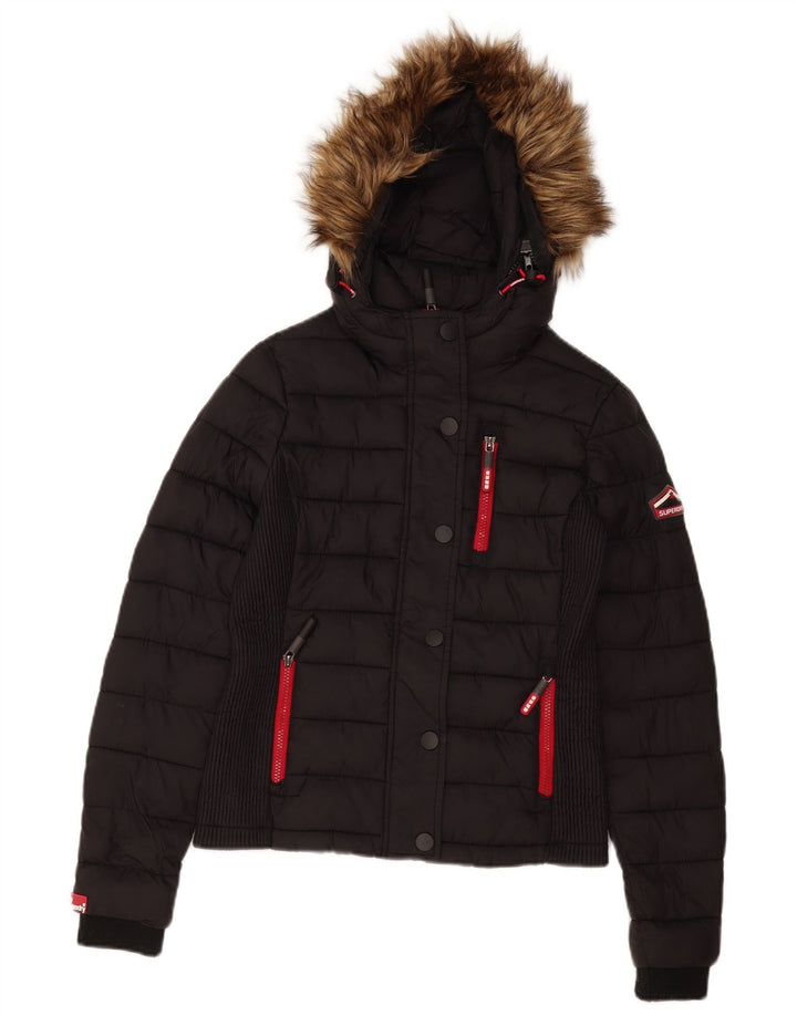 Superdry Womens Hooded Padded Jacket UK 10 Small Black Polyester