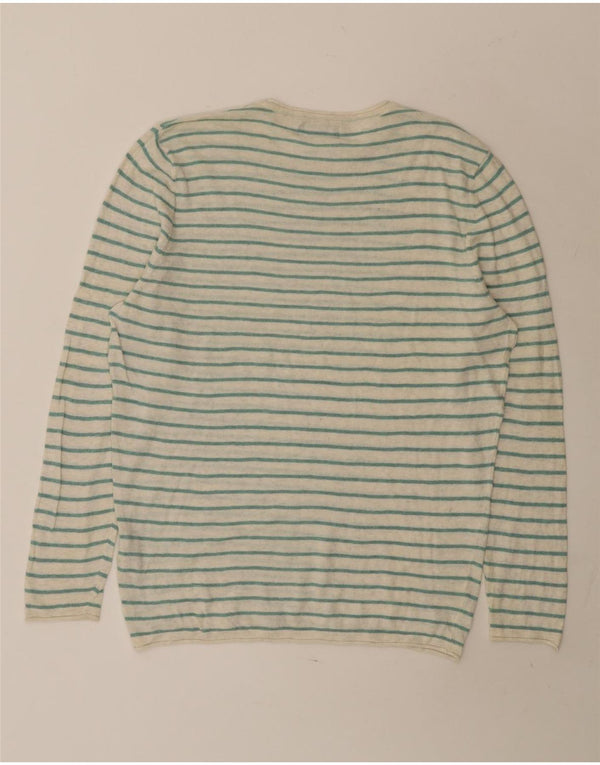 Zara Mens Crew Neck Jumper Sweater Medium Green Striped Cotton