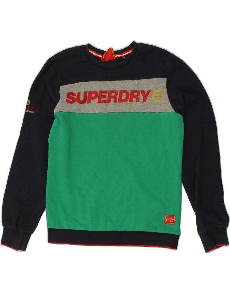 SUPERDRY Mens Graphic Sweatshirt Jumper Small Navy Blue Colourblock Cotton | Vintage Superdry | Thrift | Second-Hand Superdry | Used Clothing | Messina Hembry 