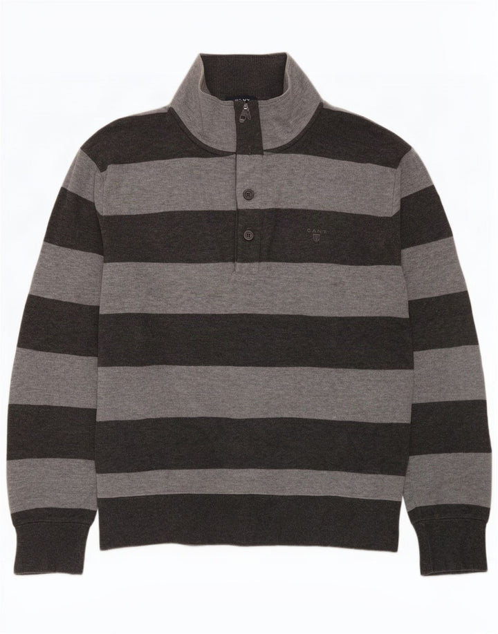 Gant Mens Button Neck Jumper Sweater XL Grey Striped Cotton