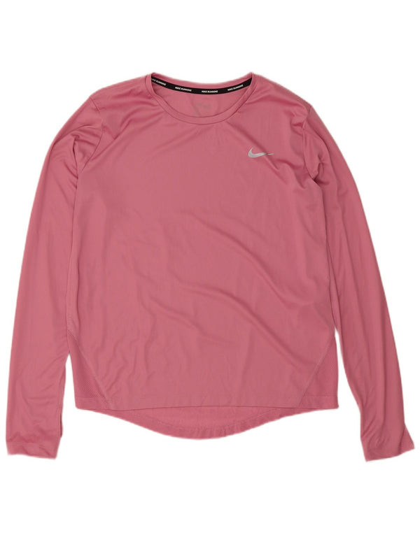 NIKE Womens Dri Fit Top Long Sleeve UK 12 Medium Pink Polyester