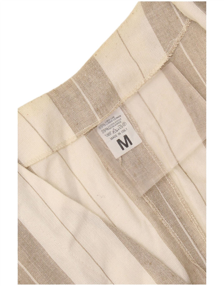 Vintage Womens Short Sleeve Shirt Blouse UK 14 Medium Beige Striped Linen