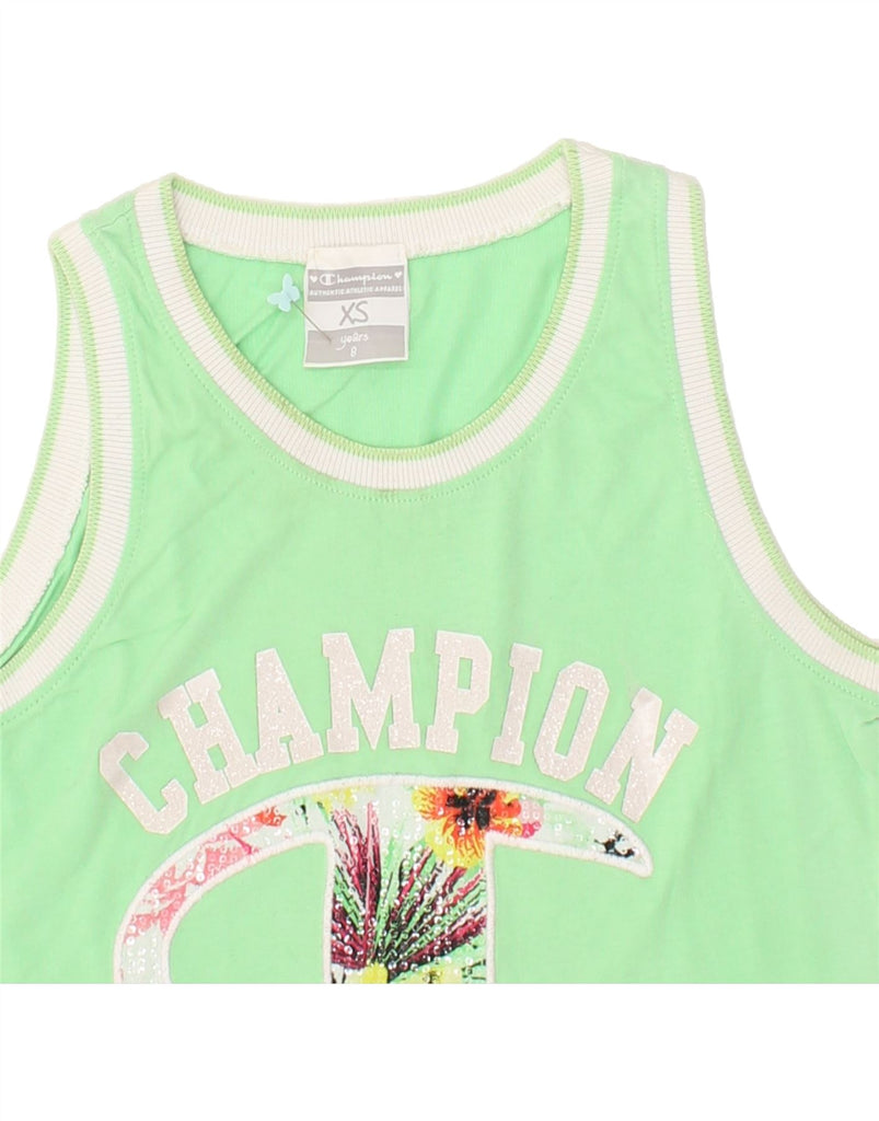 CHAMPION Girls Graphic Vest Top 7-8 Years XS Green Cotton | Vintage Champion | Thrift | Second-Hand Champion | Used Clothing | Messina Hembry 