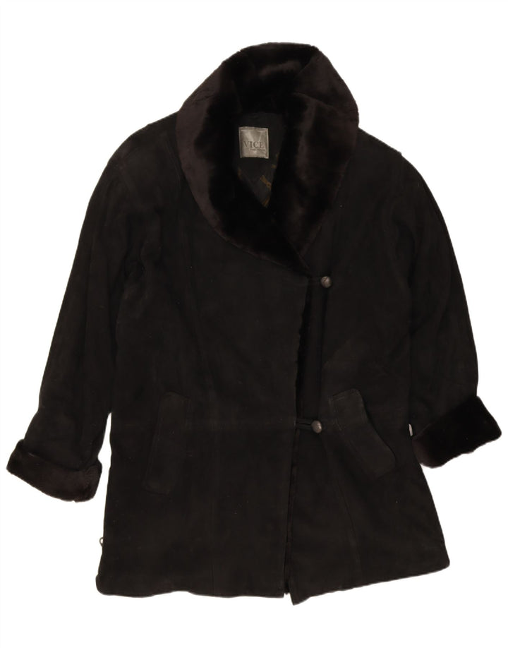 Vintage Womens Suede Oversized Overcoat EU 38 Medium Black Leather