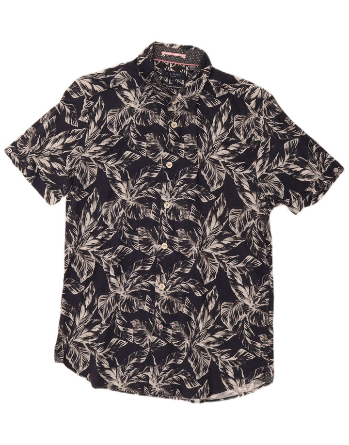 Ted Baker Mens Short Sleeve Shirt Size 3 Medium Navy Blue Floral Cotton