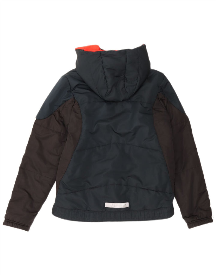 ADIDAS Boys Hooded Padded Jacket 13-14 Years Navy Blue Colourblock