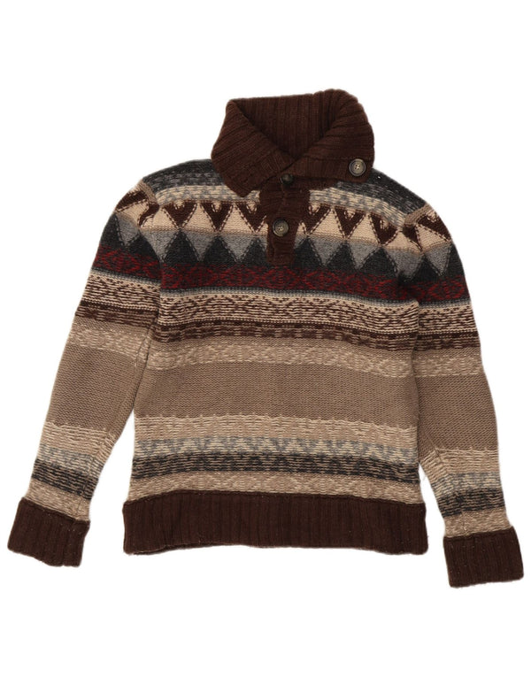 Zara Womens Button Neck Jumper Sweater UK 18 XL Brown Fair Isle Lambswool