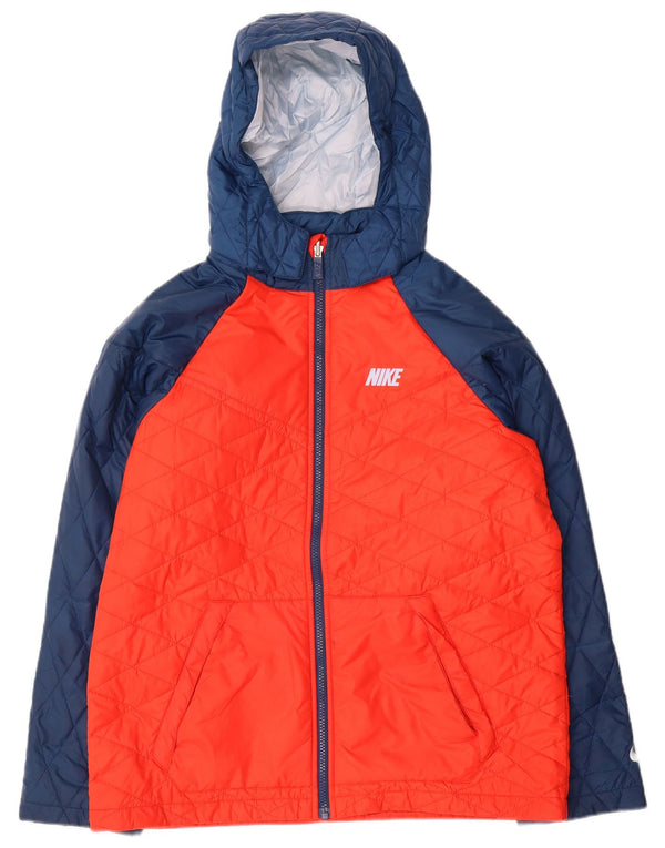 Nike Boys Hooded Quilted Jacket 13-14 Years XL Orange Colourblock Polyester