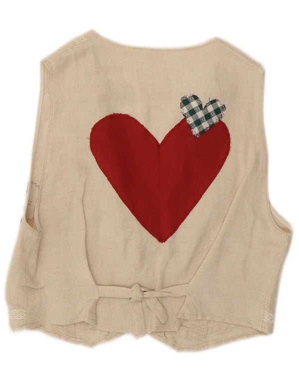 Vintage Womens Waistcoat UK 14 Medium Beige Floral Cotton Heart