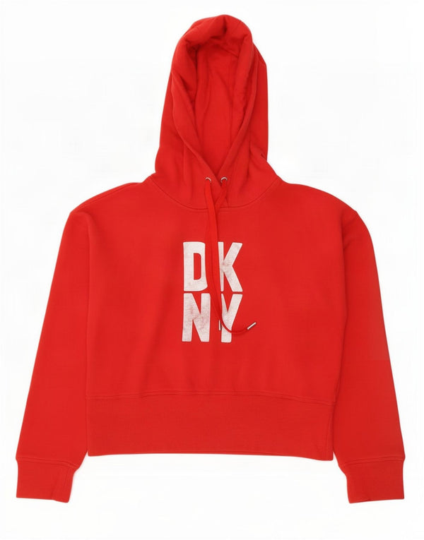 Dkny Womens Oversized Crop Graphic Hoodie Jumper UK 6 XS Red Cotton