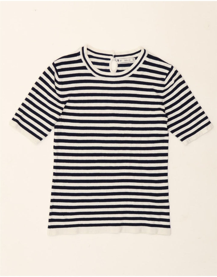 Zara Womens T-Shirt Top UK 12 Medium Navy Blue Striped