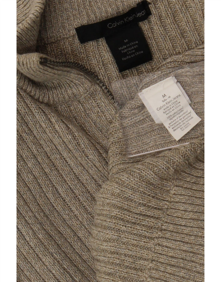 CALVIN KLEIN JEANS Mens Zip Neck Jumper Sweater Medium Beige Flecked
