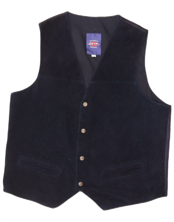 VINTAGE Mens Suede Waistcoat Large Navy Blue Leather
