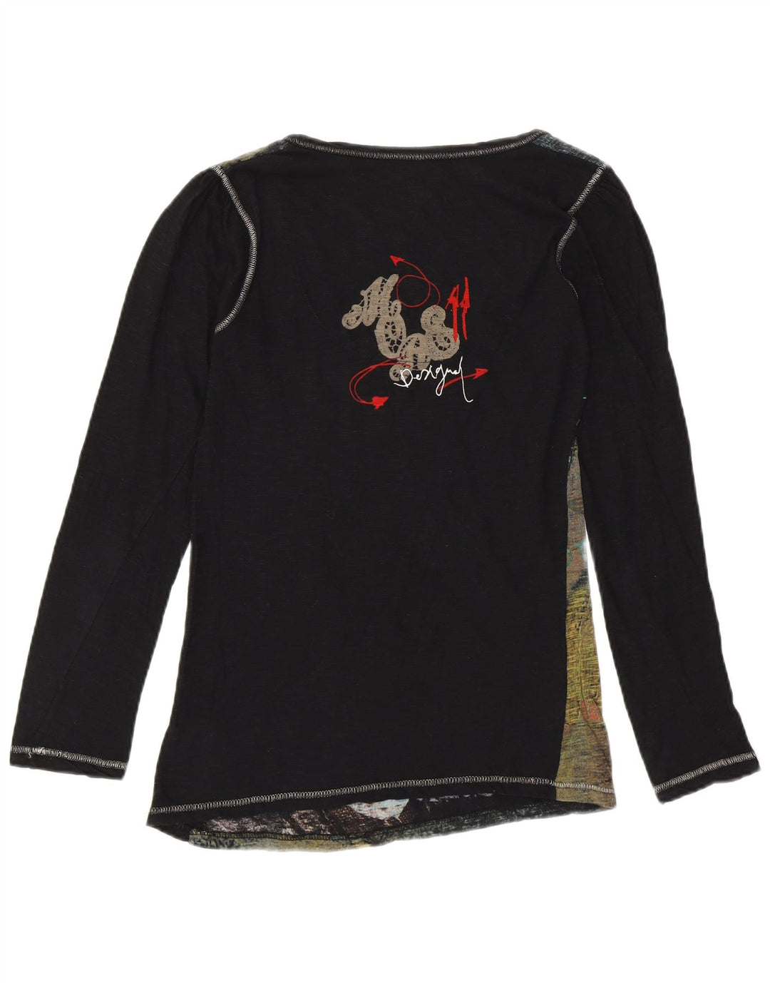 DESIGUAL Womens Graphic Top Long Sleeve UK 12 Medium Black Designer