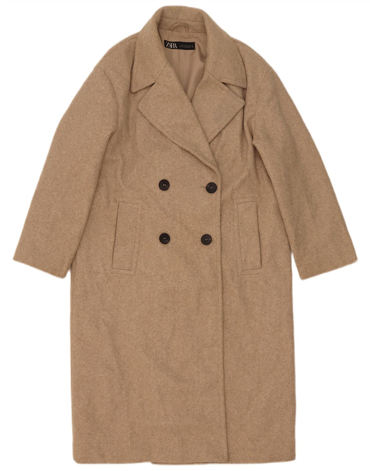 Zara Womens Oversized Double Breasted Coat UK 6 XS Beige Polyester