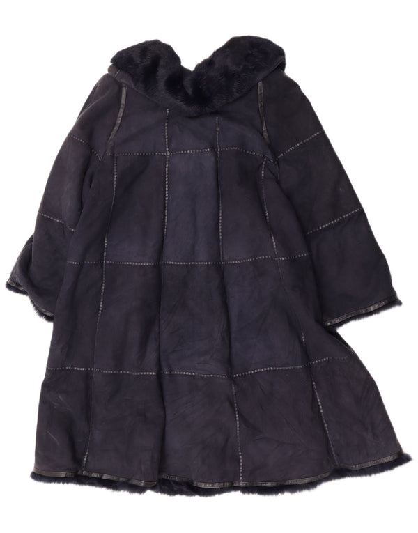 Vintage Womens Suede Overcoat EU 42 Large Navy Blue Leather