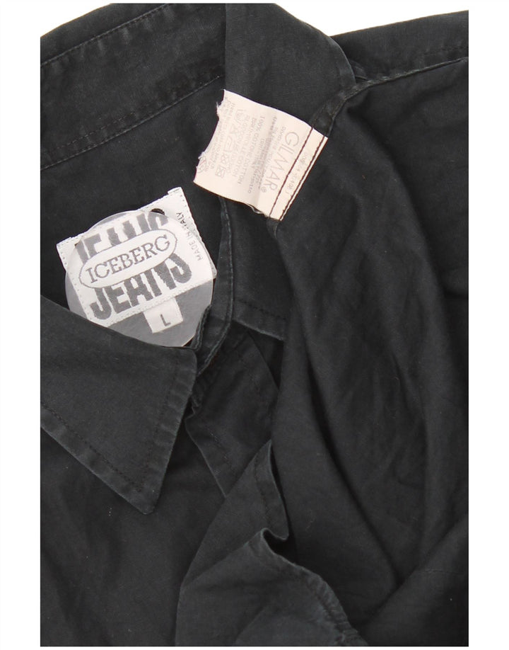 Iceberg Mens Slim Fit Short Sleeve Shirt Large Black Cotton
