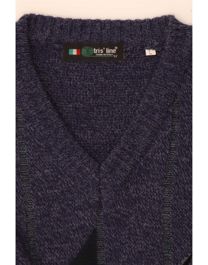 Tris Line Mens V-Neck Jumper Sweater Large Navy Blue Geometric