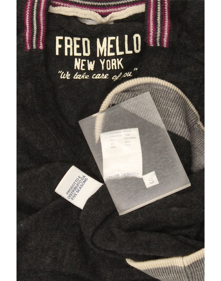 Fred Mello Womens Graphic V-Neck Jumper Sweater UK 10 Small Grey