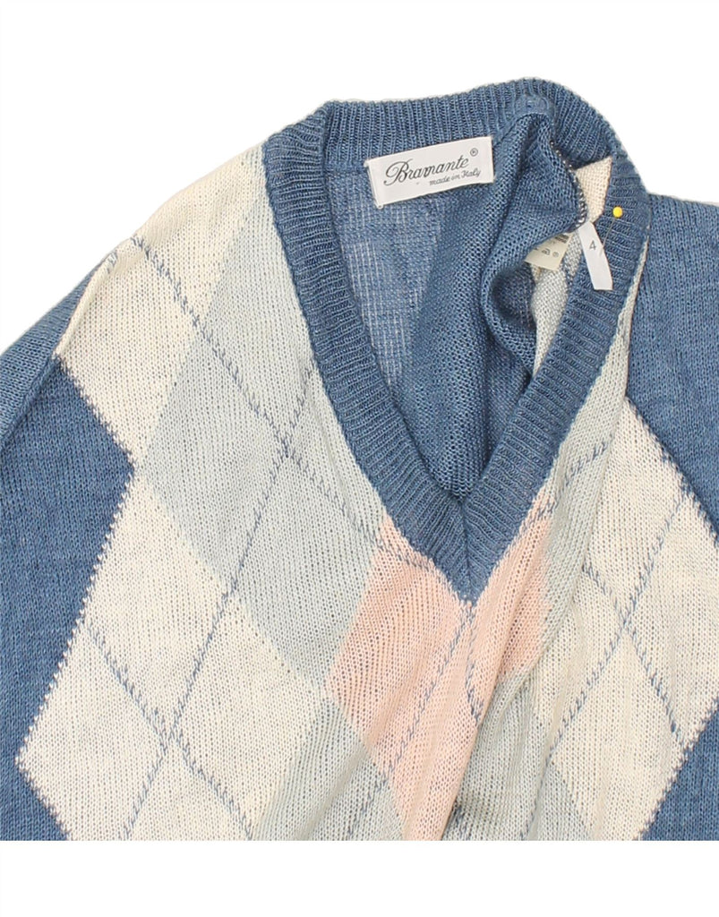 BRAMANTE Mens V-Neck Jumper Sweater Medium Blue Argyle/Diamond Linen Vintage Bramante and Second-Hand Bramante from Messina Hembry 