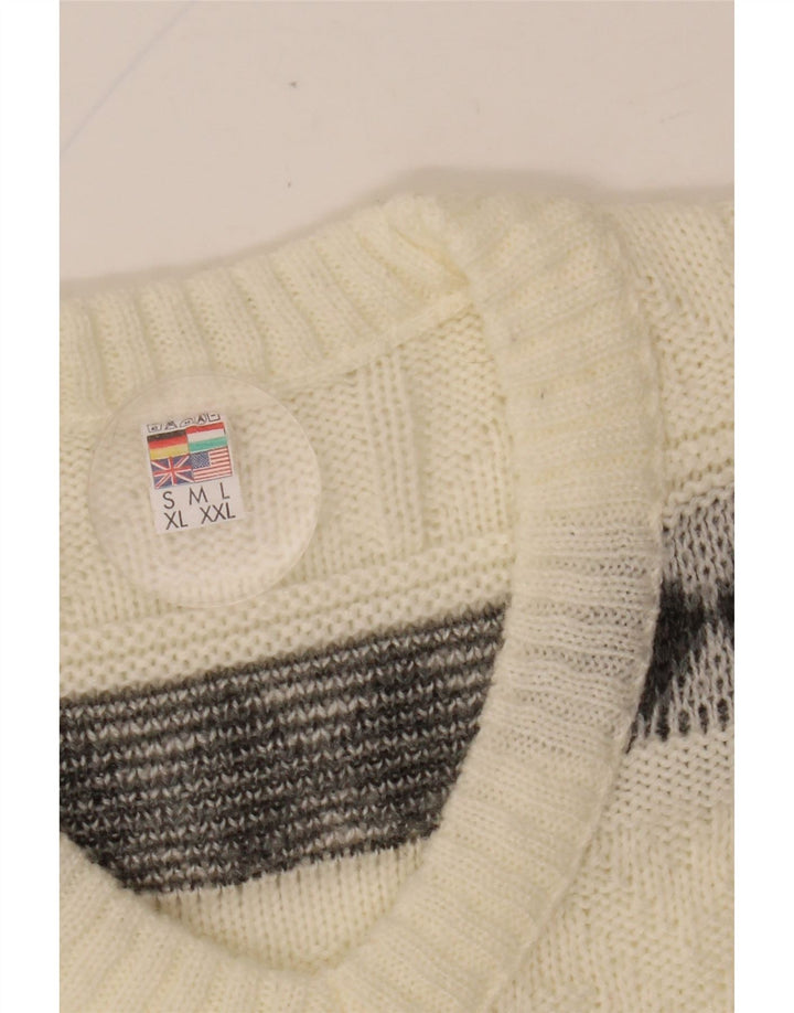 VINTAGE Mens V-Neck Jumper Sweater Large Off White Fair Isle