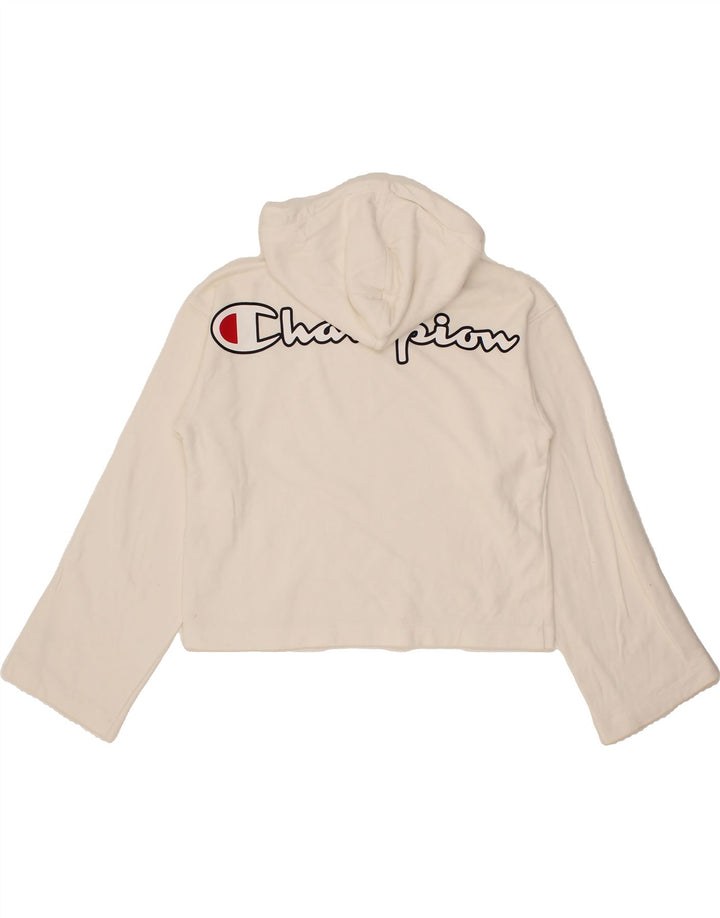 CHAMPION Womens Graphic Crop Hoodie Jumper UK 14 Medium White Vintage Champion and Second-Hand Champion from Messina Hembry 