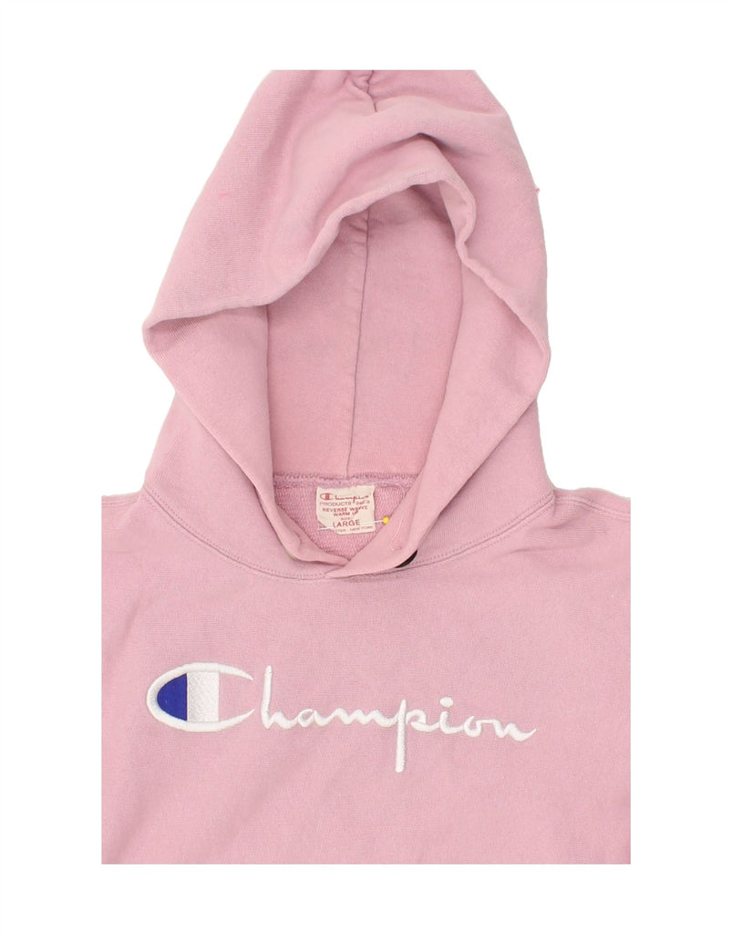 CHAMPION Womens Graphic Hoodie Jumper UK 16 Large Pink Cotton | Vintage Champion | Thrift | Second-Hand Champion | Used Clothing | Messina Hembry 