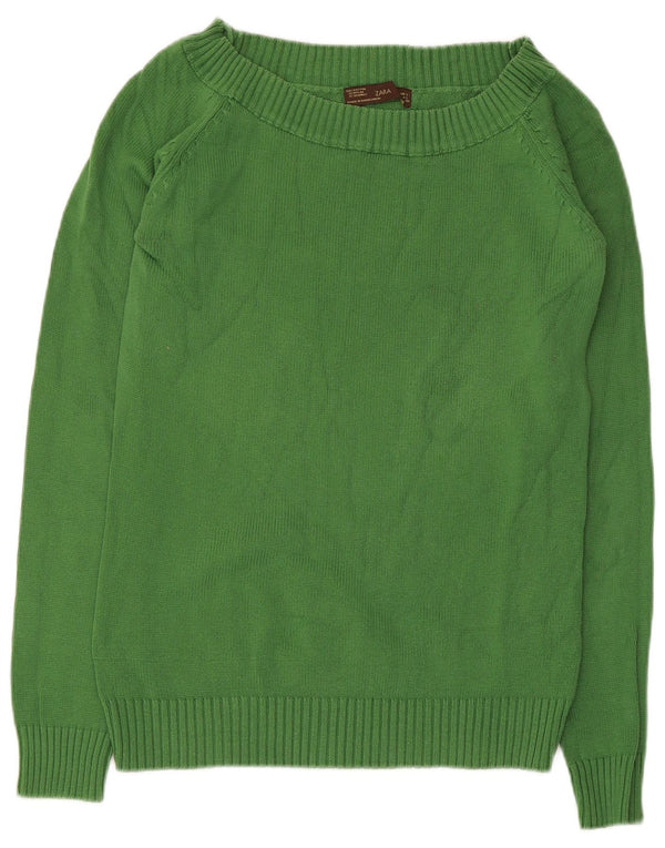 Zara Womens Boat Neck Jumper Sweater UK 14 Large Green Cotton