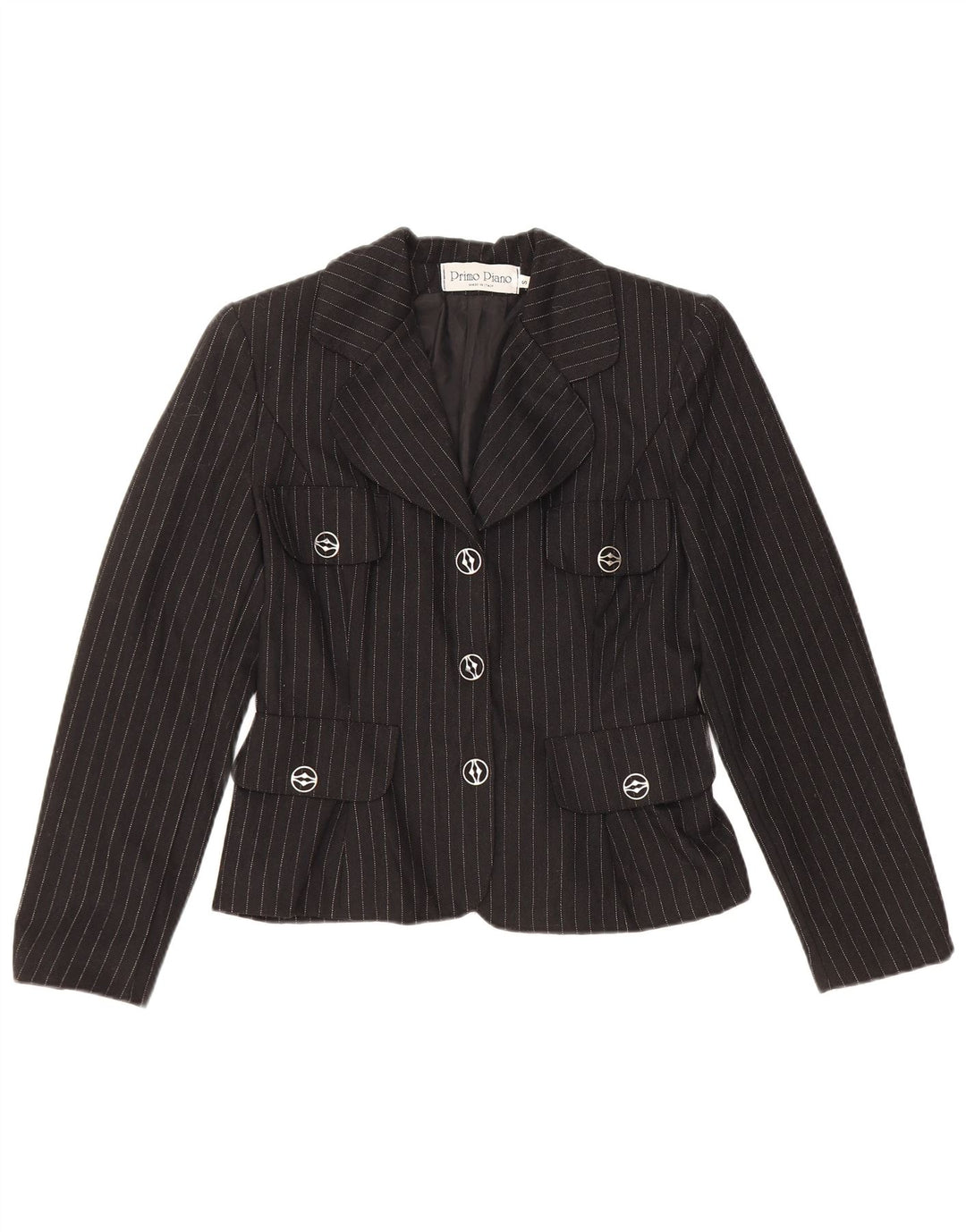 Vintage Womens 3 Button Blazer Jacket UK 10 Small Black Pinstripe Viscose