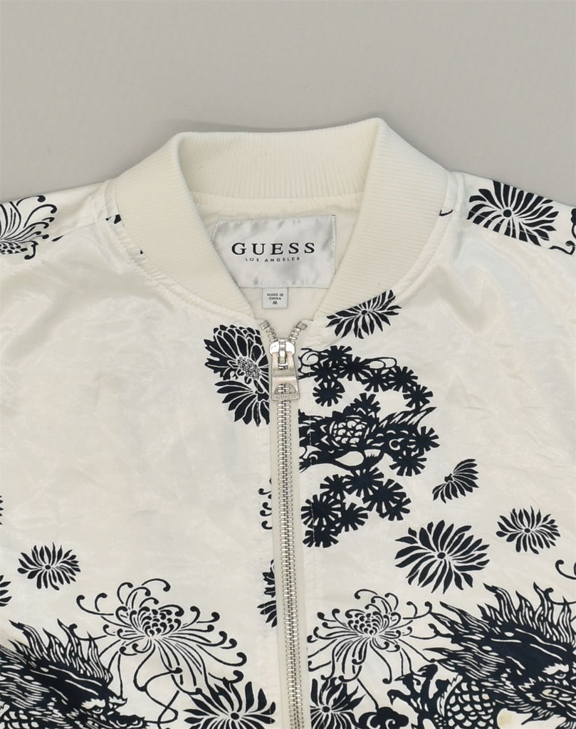 GUESS Womens Loose Fit Bomber Jacket UK 14 Medium White Floral | Vintage Guess | Thrift | Second-Hand Guess | Used Clothing | Messina Hembry 