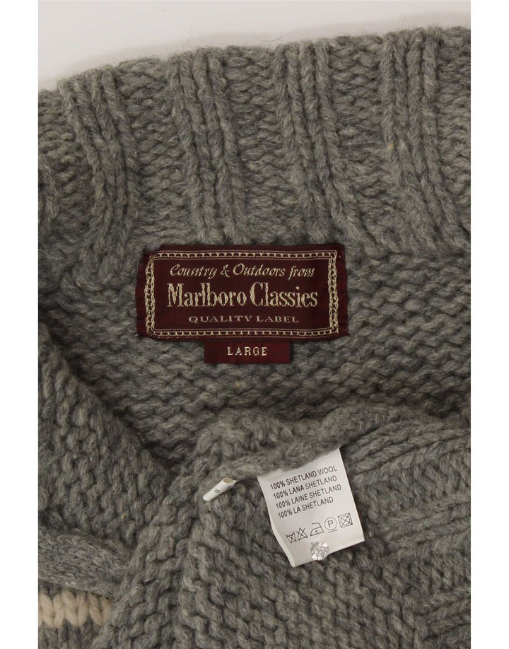 Marlboro Classics Mens Zip Neck Jumper Sweater Large Grey Fair Isle Wool