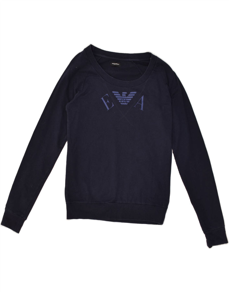 EMPORIO ARMANI Womens Graphic Sweatshirt Jumper UK 4 XS Navy Blue | Vintage Emporio Armani | Thrift | Second-Hand Emporio Armani | Used Clothing | Messina Hembry 