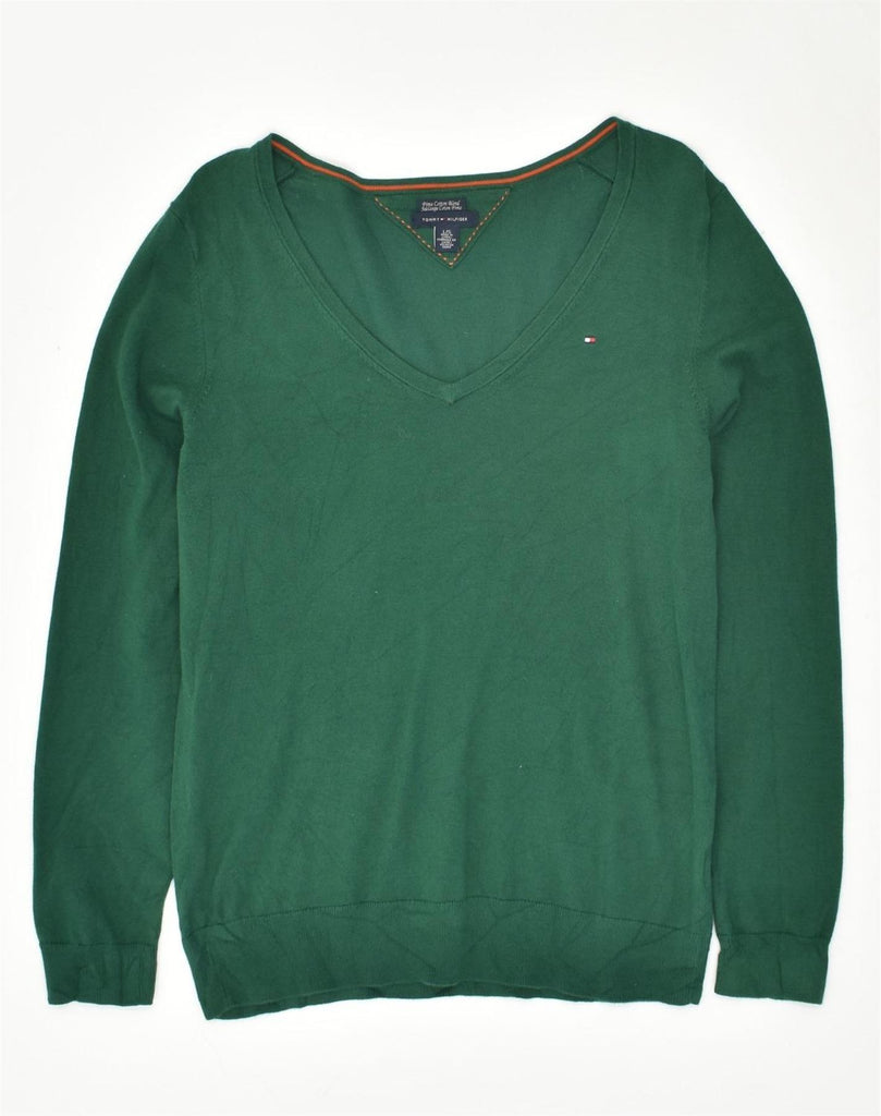 TOMMY HILFIGER Womens V-Neck Jumper Sweater UK 14 Large Green Cotton | Vintage Tommy Hilfiger | Thrift | Second-Hand Tommy Hilfiger | Used Clothing | Messina Hembry 