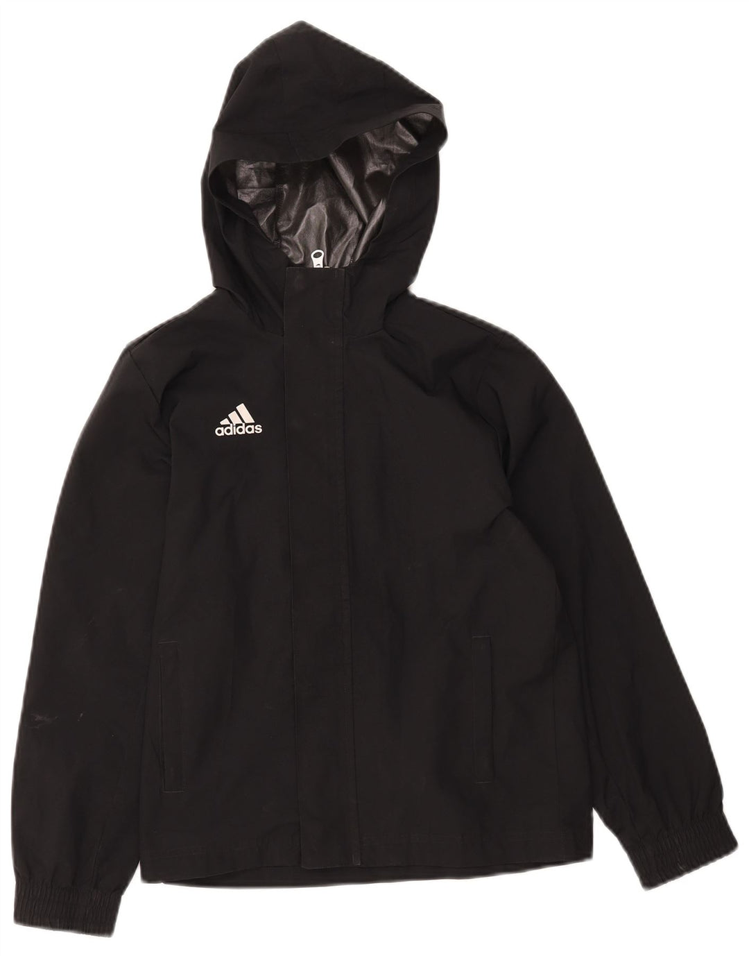 ADIDAS Boys Hooded Windbreaker Jacket 9-10 Years Black Polyester