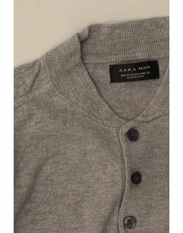Zara Mens Short Sleeve Button Neck Jumper Sweater Medium Grey