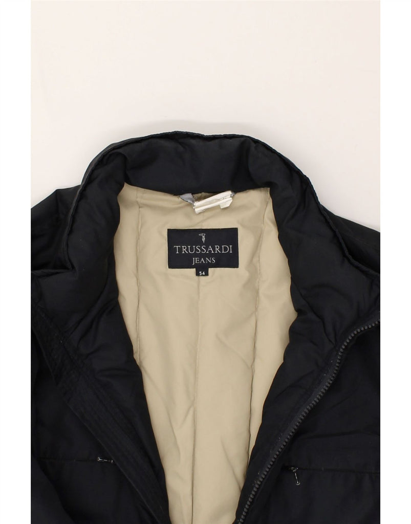 TRUSSARDI Mens Padded Coat IT 54 2XL Navy Blue Polyester | Vintage Trussardi | Thrift | Second-Hand Trussardi | Used Clothing | Messina Hembry 