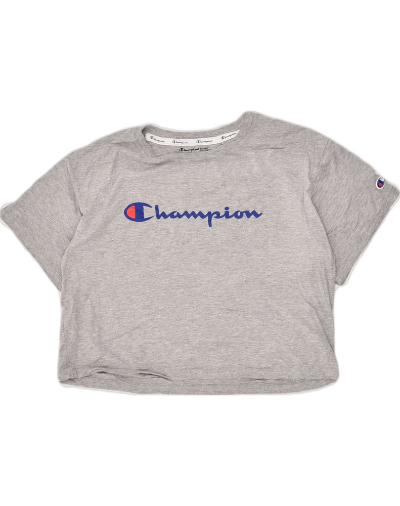 CHAMPION Womens Crop Graphic T-Shirt Top UK 14 Medium Grey Cotton | Vintage Champion | Thrift | Second-Hand Champion | Used Clothing | Messina Hembry 