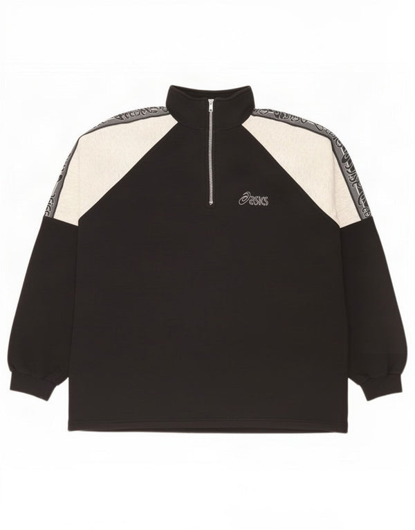 Asics Mens Graphic Zip Neck Sweatshirt Jumper 2XL Black Colourblock Cotton