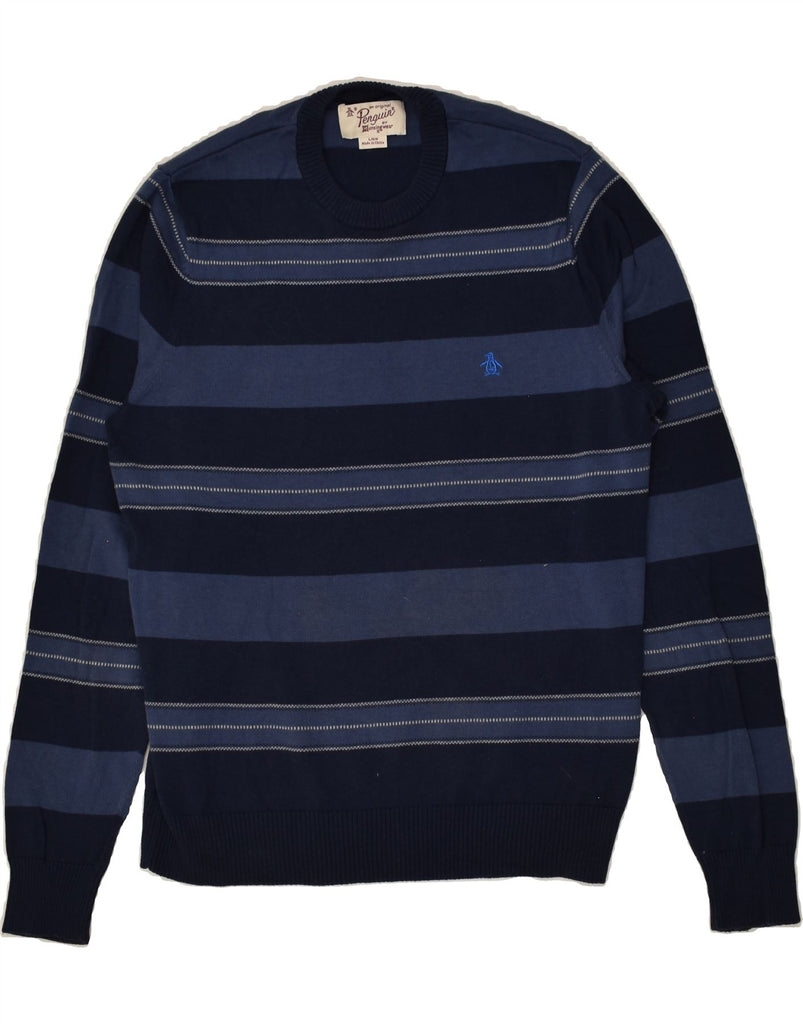 PENGUIN Mens Crew Neck Jumper Sweater Large Navy Blue Striped Cotton | Vintage Penguin | Thrift | Second-Hand Penguin | Used Clothing | Messina Hembry 