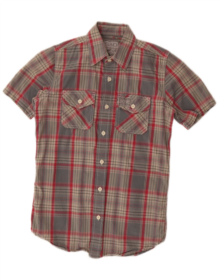 Superdry Mens Short Sleeve Shirt Small Grey Plaid Cotton