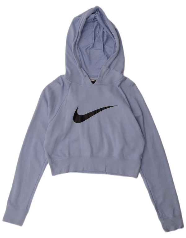Nike Womens Crop Graphic Hoodie Jumper UK 14 Medium Blue Cotton