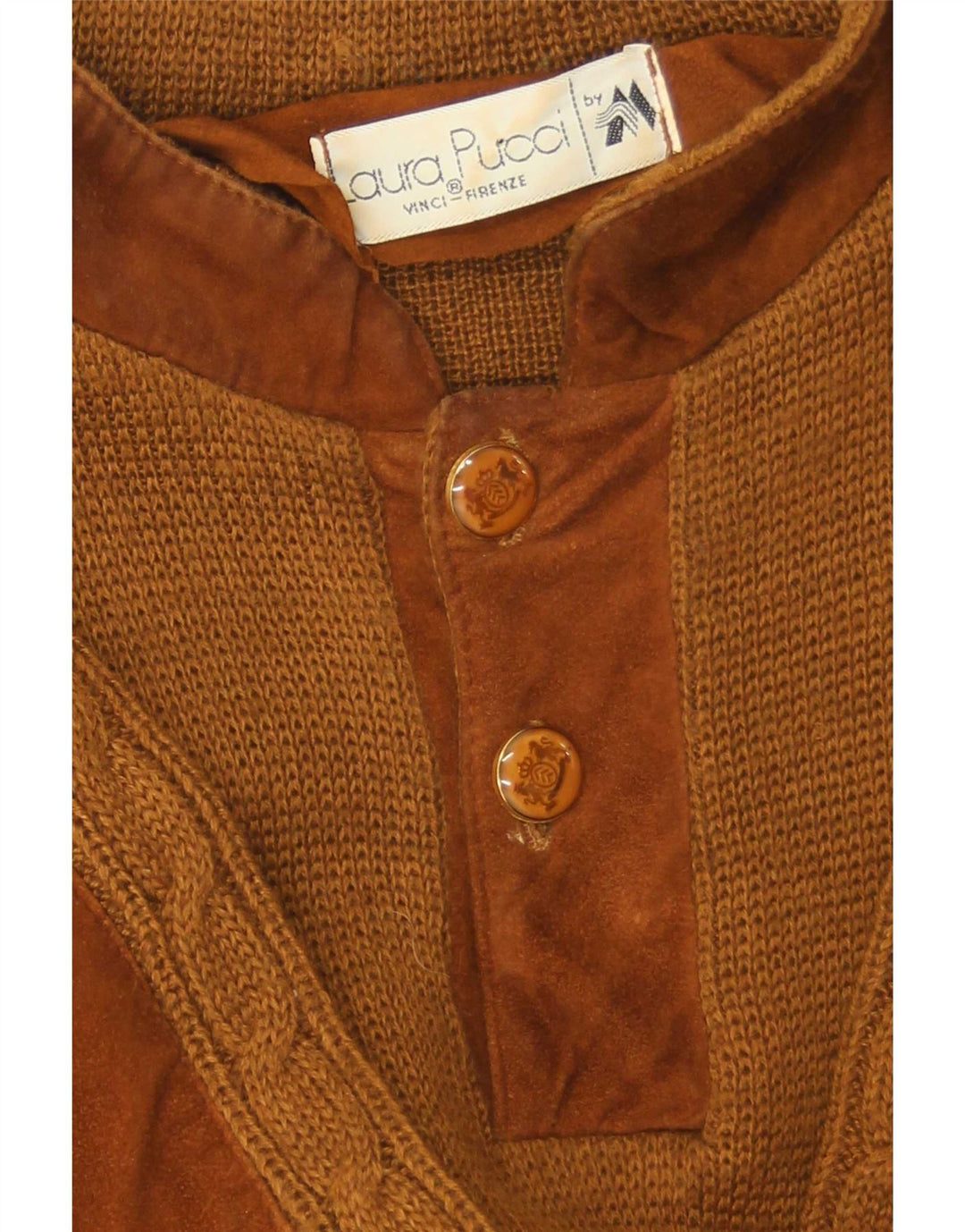 Laura Pucci Mens Button Neck Jumper Sweater Medium Brown