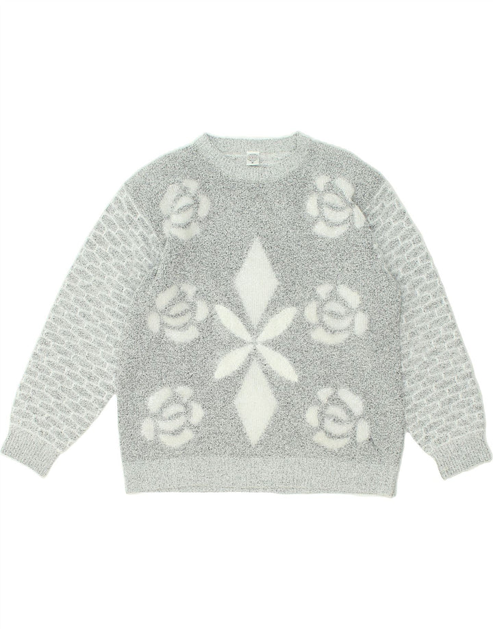 VINTAGE Womens Crew Neck Jumper Sweater UK 14 Medium Grey Floral | Vintage Vintage | Thrift | Second-Hand Vintage | Used Clothing | Messina Hembry 