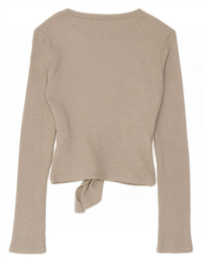 Zara Womens Front Tie Top Long Sleeve UK 10 Small Beige Viscose